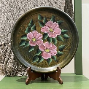 Vintage Hand-Painted Wooden Floral Plate Tray – Signed